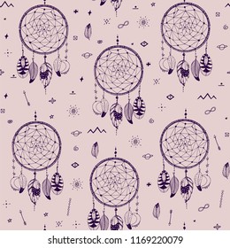 Doodle hand drawn seamless pattern with magic attributes, dreamcatchers in vector. 