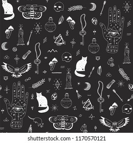 Doodle hand drawn seamless pattern with magic attributes, animals and things for halloween in vector. 