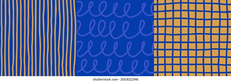 Doodle Hand Drawn Seamless Pattern. Abstract Vector Background in Contemporary Style. Looping, Vertical Lines and Grid in Blue and Mustard Color for Print on Fabric, Package, Covers and more