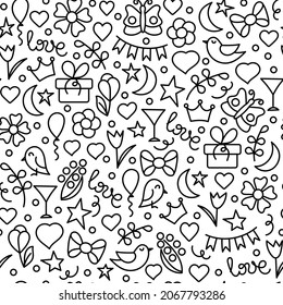 Doodle hand drawn seamless pattern. Love words, hearts, flowers, abstract elements. Monochrome Vector illustration for backdrop, packaging, fabrics and other