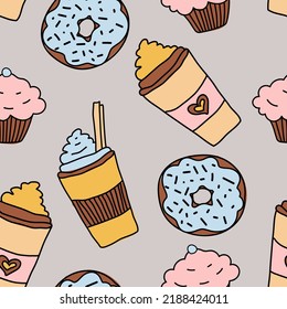 Doodle hand drawn seamless pattern with coffee, donut and cupcake