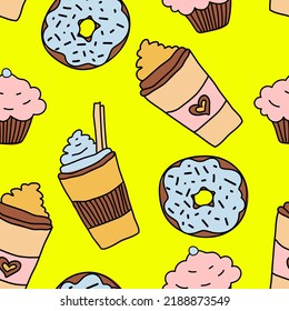 Doodle hand drawn seamless pattern with coffee, donut and cupcake on yellow background