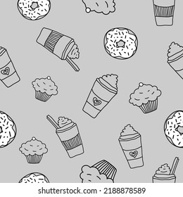 Doodle hand drawn seamless pattern with coffee, donut and cupcake on grey background