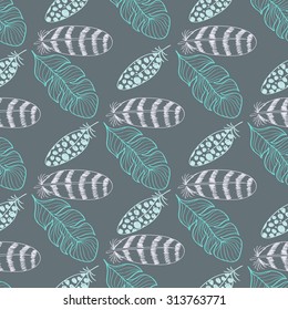 Doodle Hand drawn Seamless Pattern with Feathers. Colored vector wallpaper
