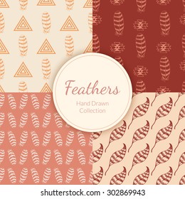 Doodle Hand drawn Seamless Patterns Set with Feathers. Colored vector wallpapers collection 