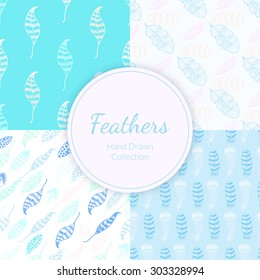 Doodle Hand drawn Seamless Patterns Set with Feathers. Colored vector wallpapers collection 