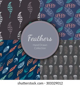 Doodle Hand drawn Seamless Patterns Set with Feathers. Colored vector wallpapers collection 