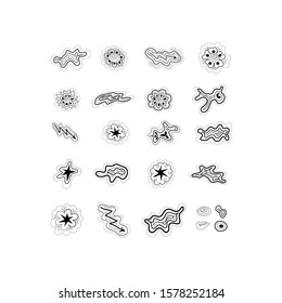 Doodle hand drawn set of 20 elements, stars, lightnings, clouds, flower-like suns. Collection of scribble cartoonish figures, white with black outline, isolated, easy to combine or print separately