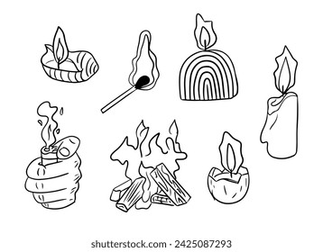 Doodle hand drawn set with candles and campfire. Black sketchy outline items related to fire on white background. Ideal for coloring pages, tattoo, pattern
