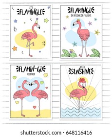 Doodle hand drawn set of card poster illustrations, pink rose elegant slim flamingo in various poses, tropical jungle plants and flowers.
