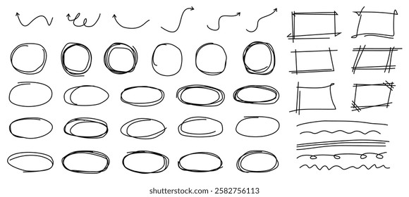 doodle Hand drawn set. contain such circle, elipse, arrow, square, oval and marks. vector illustration. editable file