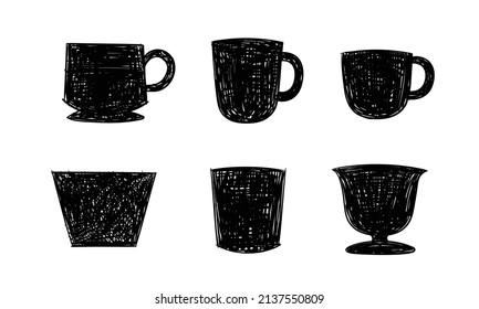 Doodle hand drawn set of drinkware containers on white background. Symbol logo isolated objects for commercial products and merchandise.