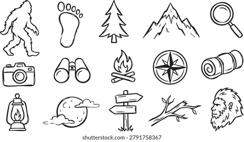 doodle hand drawn set of outdoor adventure icons with compass, mountains, trees, and lantern