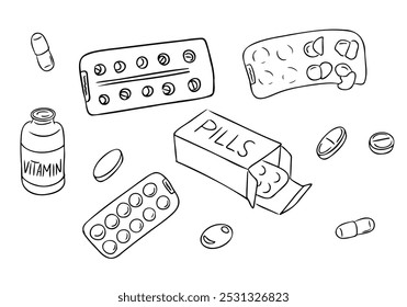 Desenhe a mão desenhado conjunto de comprimidos e bolhas. Pílulas, adesivos, vitaminas isoladas sobre fundo branco. Itens para cuidados de saúde e tratamento para colorir páginas, adesivos
