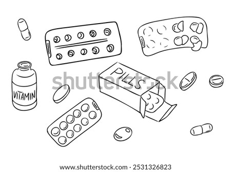 Doodle hand drawn set of pills and blisters. Pills, patches, vitamins isolated on white background. Items for health care and treating for coloring pages, stickers