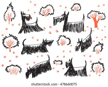 Doodle hand drawn set with scotch terriers dogs, their footprints and trees and bushes. Ã�Â¡ute pets walk out