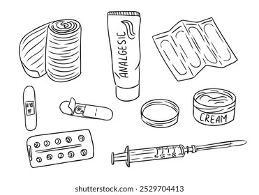 Doodle mão desenhado conjunto de esporte traumas medicamentos. Comprimidos, seringa, agulha, ligadura, analgésico e adesivo isolado no fundo branco. Artigos para tratamento de lesões por coloração de páginas, adesivos