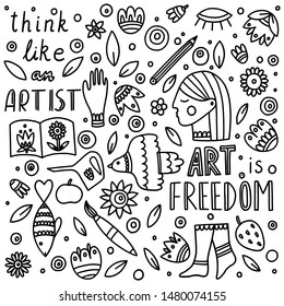 Doodle hand drawn set. Think like artist. Art is freedom. Vector illustration.