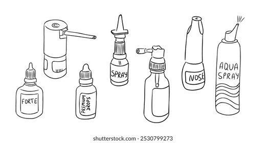 Doodle handgezeichnete Set von Rachen und Nase Spays und Tropfen. Arzneimittel für laufende Nase und Halsschmerzen einzeln auf weißem Hintergrund. Artikel für die Behandlung in der Wintersaison zum Färben von Seiten, Aufkleber