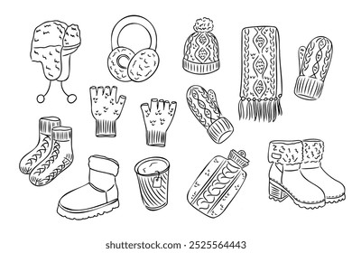 Doodle hand drawn set of warm winter accessories. Hats, gloves, boots, scarf and hot water bottle isolated on white background. Clothing design for winter season for coloring pages, stickers