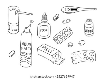 Doodle hand drawn set of winter medicines. Pills, throat spray, nose spray, vitamins isolated on white background. Items for treating in winter season for coloring pages, stickers