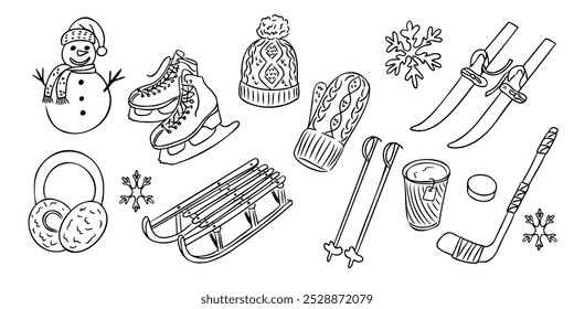 Doodle dibujado a mano conjunto de actividades al aire libre de invierno y accesorios. Muñeco de nieve, esquís, trineo y patines aislados sobre fondo blanco. Artículos lindos para la temporada de invierno para colorear páginas, pegatinas