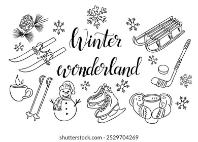 Doodle hand drawn set of winter outdoor activities and accessories with calligraphy text. Snowman, skis, sledge and skates isolated on white background. Cute items for coloring pages, stickers