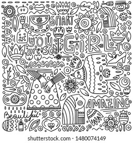 Doodle hand drawn set. You are so girl. Vector illustration.
