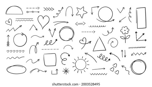 Doodle hand drawn shapes. Marker freehand artistic brush arrows. Pencil graphic direction signs. Geometric forms. Contour sketch of heart and sun symbols. Vector chalk elements set