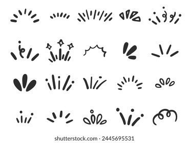 Doodle hand drawn shine sunburst sparkle ray elements. hand drawn cute curly lines expression cartoon movement.