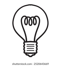 Doodle hand drawn shining light bulb isolated on white background.