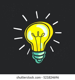 Doodle hand drawn shining light bulb isolated on chalkboard background.