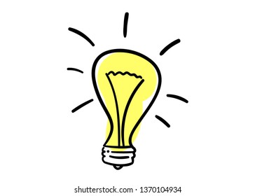 Doodle hand drawn shining yellow light bulb isolated on white background.