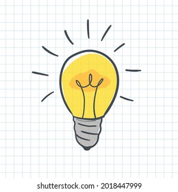 Doodle hand drawn shining yellow light bulb