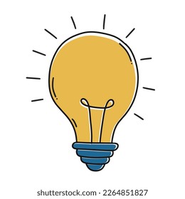 Doodle hand drawn shining yellow light bulb isolated on white background. 