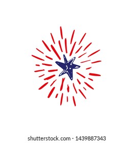 Doodle hand drawn shooting star firework, celebrate USA holiday Independence day, fourth July. American flag colors. Congrats, 4th of July. Vector illustration.