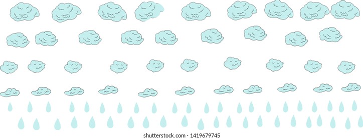 Doodle hand drawn sign of clouds and rain drops isolated on a white background. Vector illustration of weather forecast banner