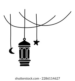 silueta dibujada a mano de doodle de linterna con luna creciente y estrella con cable de decoración como adorno