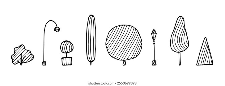 Doodle hand drawn silhouettes of trees and bushes for city landscaping. Vintage drawing painted by black inks for icon, logo or design