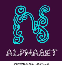 Doodle hand drawn sketch alphabet. Letter N