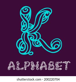 Doodle hand drawn sketch alphabet. Letter K