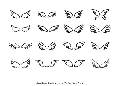 Doodle hand drawn Sketch angel wings. Line wing drawing . Vector illustration