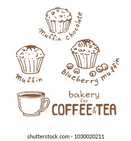 Doodle hand drawn sketch isolated on white background. Fresh bakery for coffee or tea: muffins. Design elements for cafe menu, fliers and chalkboards.