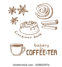 Doodle hand drawn sketch isolated on white background. Fresh bakery for coffee or tea: cinnamon buns. Design elements for cafe menu, fliers and chalkboards.