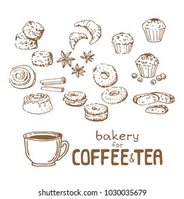 Esbozo dibujado a mano en Doodle aislado en fondo blanco. Panadería para el café o el té: muffins, scones, croussants, biscotti, bagels, habas de canela. Elementos de diseño para el menú de cafés y pizarras.