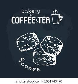 Doodle hand drawn sketch isolated on  chalkboard background. Design elements for cafe menu or coffee shop. Fresh bakery for coffee or tea: scones.  