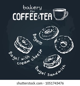 Doodle hand drawn sketch isolated on chalkboard background. Design elements for cafe menu or coffee shop. Fresh bakery for coffee or tea: bagels. 