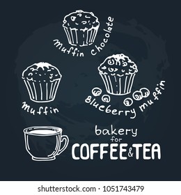 Doodle hand drawn sketch isolated on chalkboard background. Design elements for cafe menu or coffee shop. Fresh bakery for coffee or tea: muffins. 