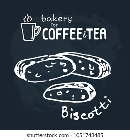Doodle hand drawn sketch isolated on  chalkboard background. Design elements for cafe menu or coffee shop. Fresh bakery: biscotti. 