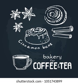 Doodle hand drawn sketch isolated on  chalkboard background. Design elements for cafe menu or coffee shop. Fresh bakery for coffee or tea: cinnamon buns.